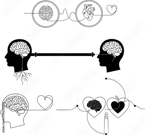 Brain and Heart Connection Line Art Bundle: Emotional Intelligence, Telepathy, and Mental Health Concepts. Human Head Silhouette Vector Illustration for Communication and Logic.