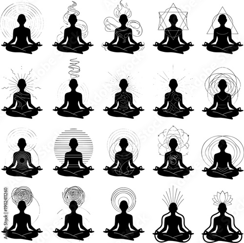 Vector silhouettes of people performing different yoga and meditation poses in a simple icon style set