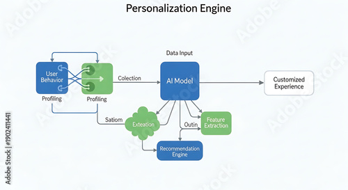 A vector graphic illustration of a personalization engine flowchart with AI model and data input