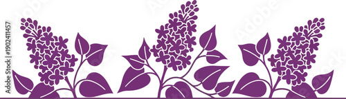 Purple lilac flower border vector clipart, floral silhouette illustration for spring design