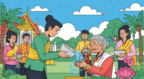 A cultural illustration showing a water blessing ritual, people, and a temple