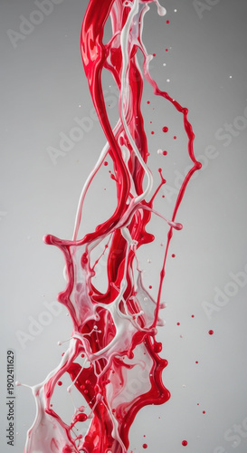 Dynamic red and white liquid splashes frozen in motion against a gray background