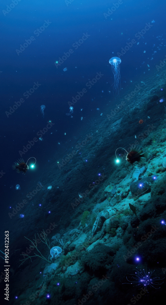 Obraz premium Deep sea creatures and bioluminescent jellyfish swim near coral reef