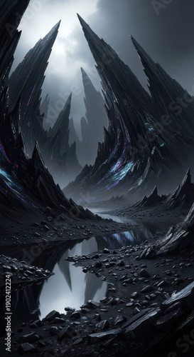Dark, alien landscape with sharp, jagged mountains and reflective water