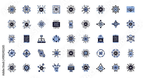 A collection of blue and black vector icons representing artificial intelligence and machine learning concepts in a flat, minimalist design style.