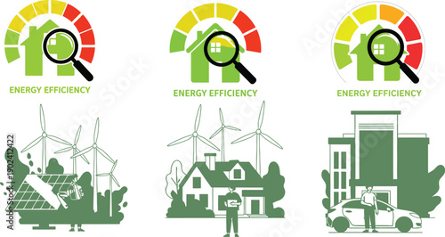 Sustainable energy and environmental conservation concepts with eco friendly icons and magnifying glasses for analysis and efficiency measurement