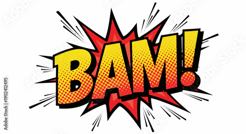 BAM! comic book sound effect in pop art style with explosion and halftone dots.