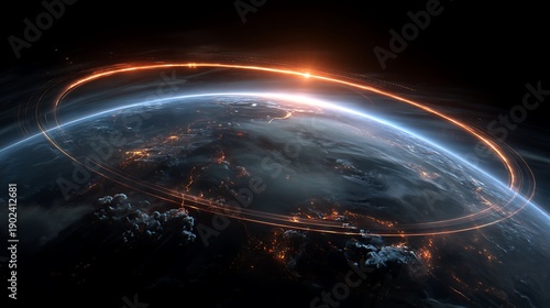 Science of creation, futuristic satellite and drones generating atmosphere around a lifeless planet, glowing plasma lines circling the globe, 