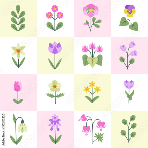 Seamless checkered pattern with colorful geometric spring flowers including tulips, snowdrops, and pansies on pastel squares