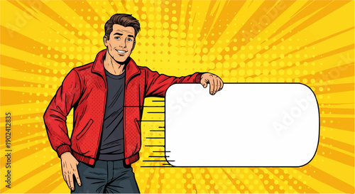 Smiling pop art man in red jacket presenting blank sign on comic background.