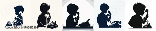 Vector Illustration of Silhouette of Children Talking on the Phone