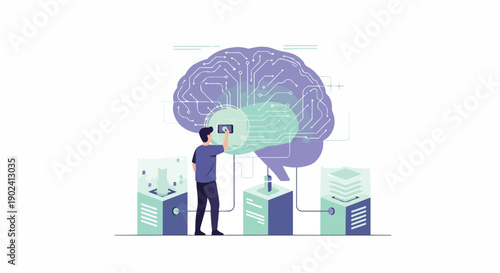 Human Interacting with Artificial Intelligence Brain Representing Data Processing, Machine Learning, and Advanced Neural Network Technology