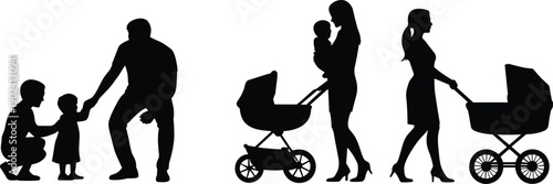 Silhouette illustration of parent and child riding bicycles outdoors with tree and ball, symbolizing family bonding, play, exercise, unity, connection, and healthy lifestyle