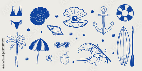 Hand drawn sea and beach elements set with shells, waves, surfboard, swimsuit and sunglasses. Vector illustration on white background.