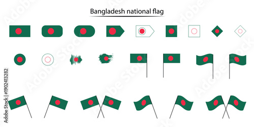 Bangladesh Flag Vector Collection, National Flag of Bangladesh Icons and Symbols Set on White Background.