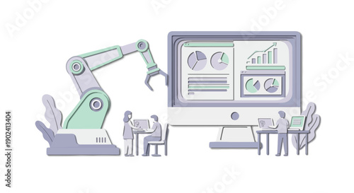 Robotic arm collaborating with human team on data analysis and digital transformation, illustrating AI integration in modern business processes and technological innovation.