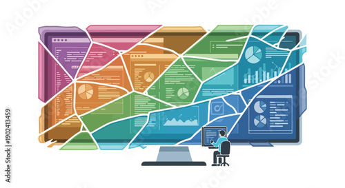 Digital data analysis and business intelligence visualized across fragmented screens, showcasing complex information dashboards and advanced technology solutions.
