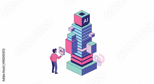 Artificial intelligence concept with a person interacting with a futuristic AI tower, representing data processing and innovation
