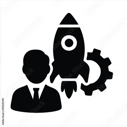 Business leader with a rocket and gear icon representing a startup launch, innovative strategy, and technological development for management and entrepreneurial success.