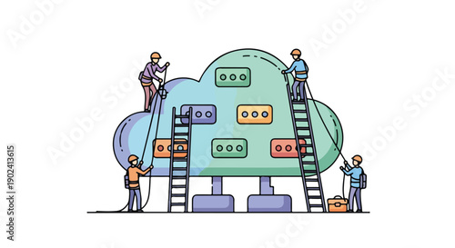 Team of workers building and maintaining a cloud computing infrastructure with ladders and tools, representing data storage and network services