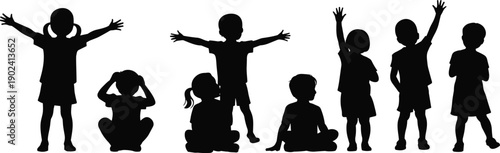 Silhouette illustration of playful children in diverse poses standing and sitting together, symbolizing childhood joy, friendship, unity, bonding, social connection, diversity, and youthful energy