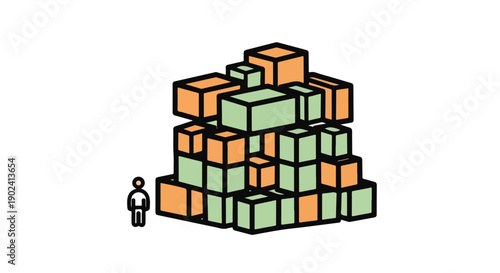 Illustration of a huge pile of stacked boxes next to a tiny person, representing logistics and cargo challenges