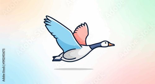 Stylized goose in flight with wings spread, blue and pink