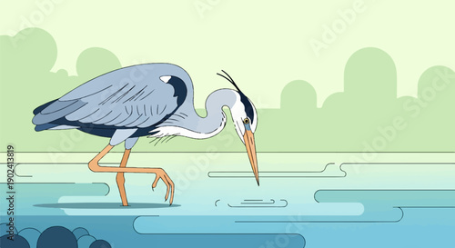 Stylized heron wading in shallow water with abstract green background