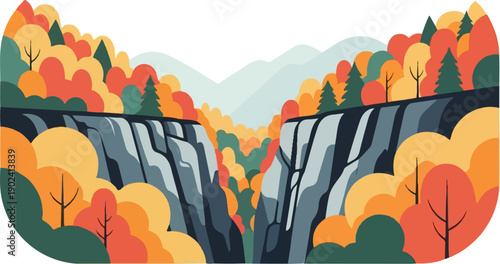 Stylized autumn gorge with cascading water and colorful foliage