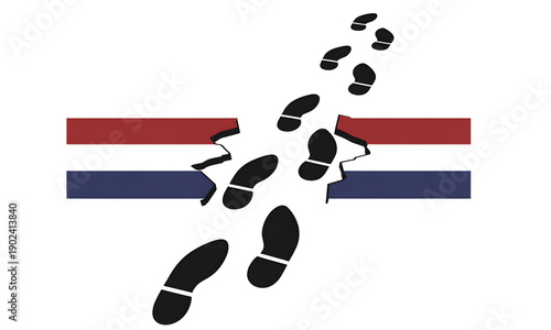 A creative illustration of footprints crossing through a broken flag design on a transparent background
