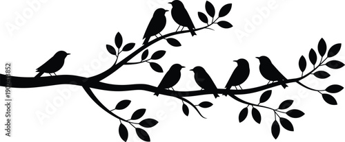 Silhouette illustration of seven birds perched on leafy tree branch, decorative botanical design, nature inspired vector art for stock photography and creative illustration projects