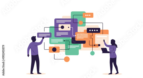 Two people collaborating on a complex digital interface with interconnected modules and data flow, representing teamwork and technology.