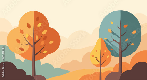 Stylized autumn trees with warm hues against a soft, hazy sky