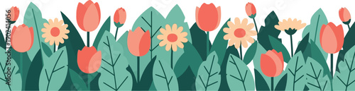 Spring tulip garden vector clipart with colorful flowers and green leaves for seasonal design
