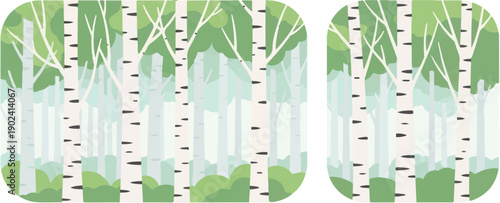 Stylized birch forest with green foliage and white trunks