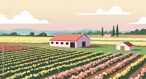 Stylized countryside with vineyards and farm buildings under a soft sky