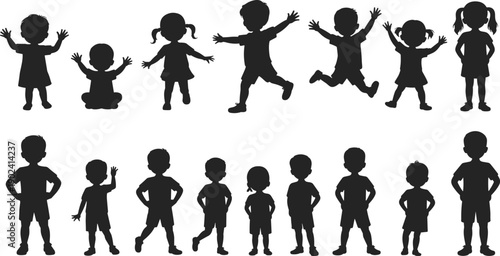 Silhouette of children in playful and static poses arranged in two rows, symbolizing childhood diversity, joy, friendship, unity, bonding, social connection, and youthful energy