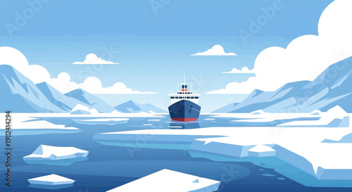 Ship navigates icy waters amid glacial mountains and clouds