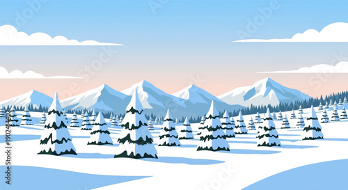 Snow-covered evergreen trees in a winter landscape under mountains