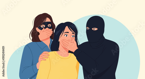 Silenced women fearfully held by masked figures, one in ski mask