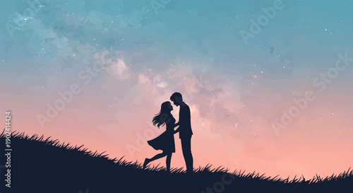 Silhouette couple embracing under a starry sky at sunset