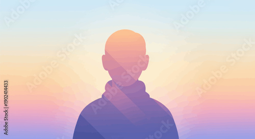 Silhouette figure against a pastel gradient sky, warm sunset hues blend softly