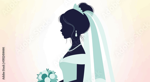 Silhouette of a bride in a gown with veil, pearls, earrings, and bouquet