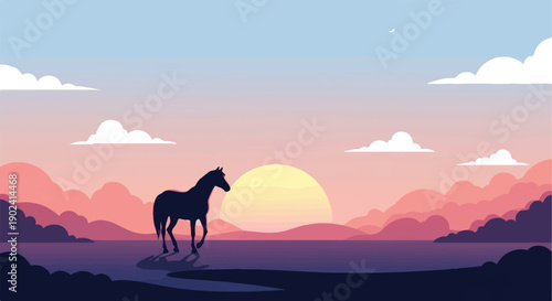 Silhouette of a horse walks in water with colorful sunset and clouds