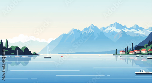Serene mountain lake with sailboats and a small coastal village