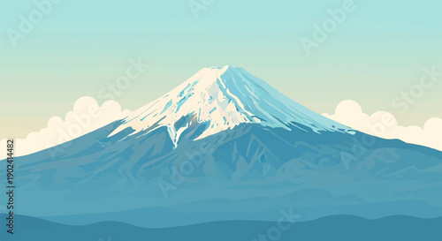 Snow-capped mountain peak under a soft blue and pale yellow sky with clouds