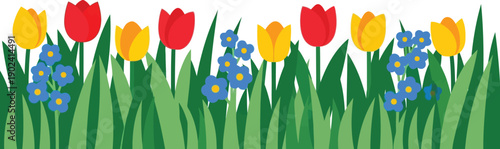 Spring tulip and forget-me-not flower border vector clipart for seasonal floral design