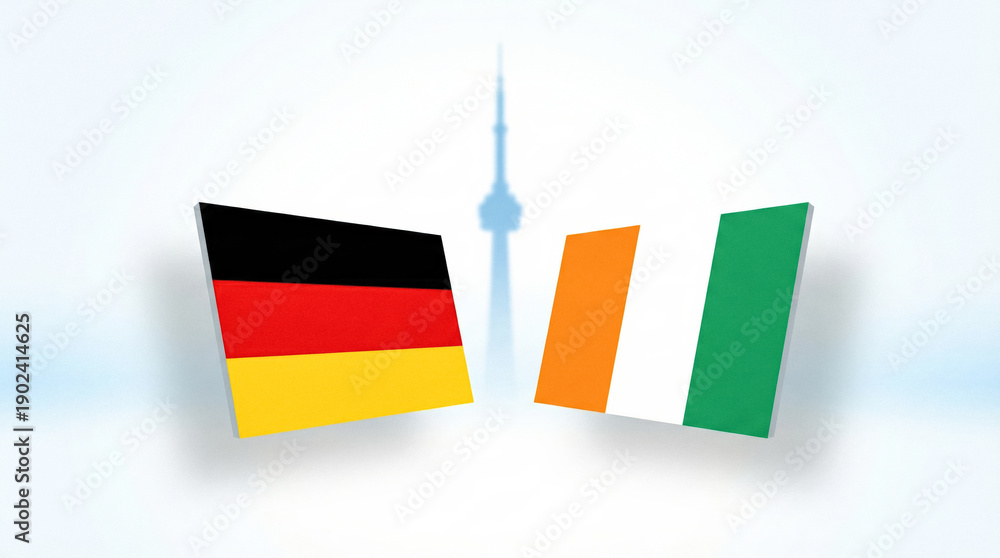 Obraz premium Two soccer balls with German and Ivorian flags displayed in Toronto, symbolizing an international football matchup.