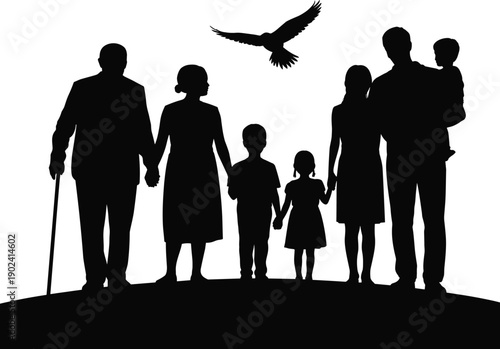 Silhouette of multi-generational family standing together on hill with grandparents, parents, and children, symbolizing unity, love, bonding, heritage, connection, and generational support