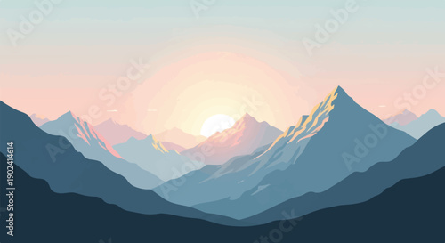 Serene mountain range at sunrise with soft pastel colors